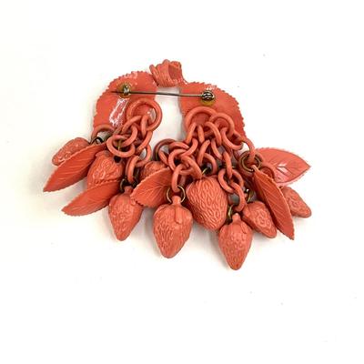 1074 Art Deco Pink Celluloid Strawberry Brooch