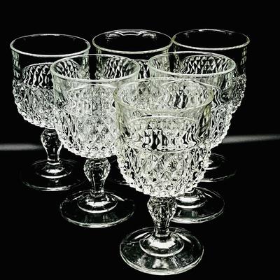 Vtg. Indian Glass Crystal Clear Diamond Point Goblets ~ Set Of Six (6)