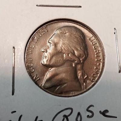 1961-D & 1969-D NICKELS WITH ROSE AND RAINBOW TONING