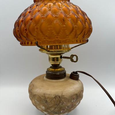 Antique Oil Lamp w/ Amber Glass Shade