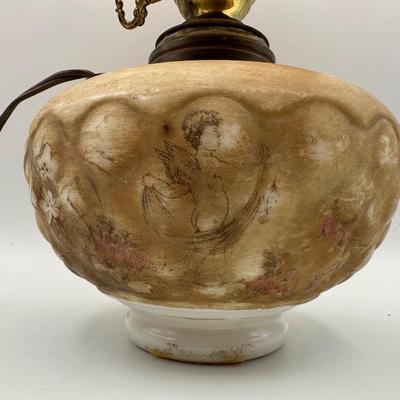 Antique Oil Lamp w/ Amber Glass Shade