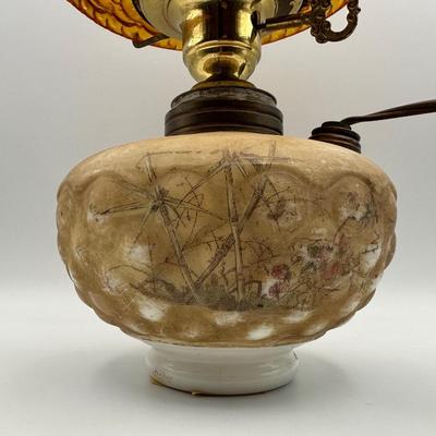 Antique Oil Lamp w/ Amber Glass Shade