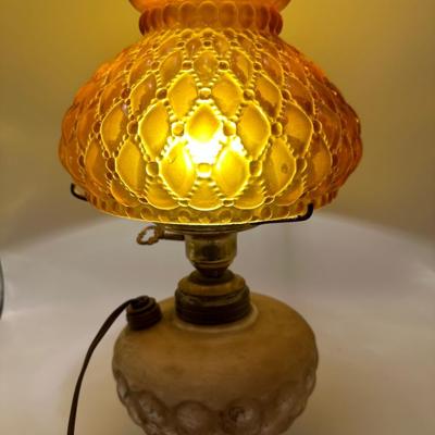 Antique Oil Lamp w/ Amber Glass Shade
