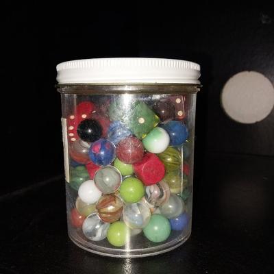 JAR OF MARBLES WITH SOME DICE TOO