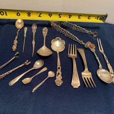 Sterling Silver Flatware Miniatures Lot Salt Spoons Tongs Childrenâ€™s Flatware