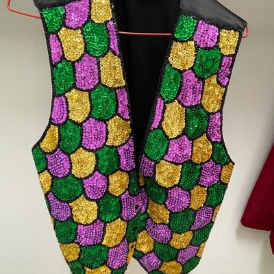 Two Sequined Mardi Gras Vests and Hats