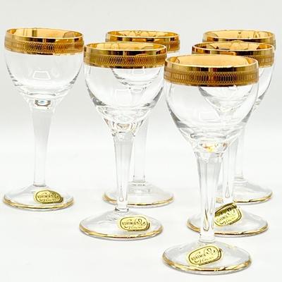 BOHEMIA GLASS ~ Set Of Six (6) Gold Trim Liqueur Glasses