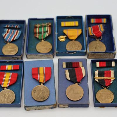 Collection of Boxed WWII Medals, Ribbons & Pins
