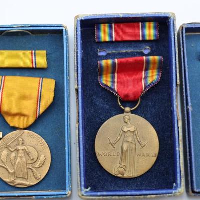 Collection of Boxed WWII Medals, Ribbons & Pins