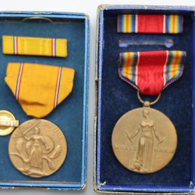 Collection of Boxed WWII Medals, Ribbons & Pins