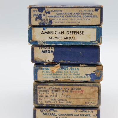 Collection of Boxed WWII Medals, Ribbons & Pins