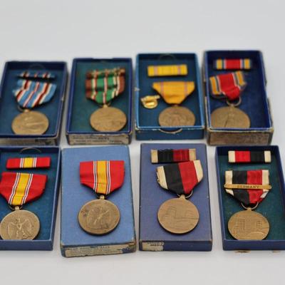 Collection of Boxed WWII Medals, Ribbons & Pins