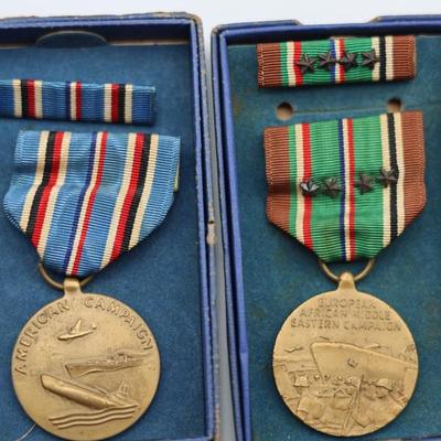 Collection of Boxed WWII Medals, Ribbons & Pins