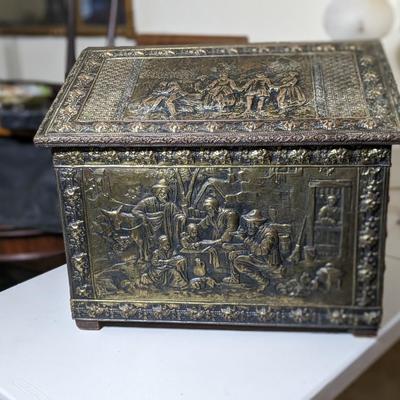 Vintage Embossed Brass Coal Box