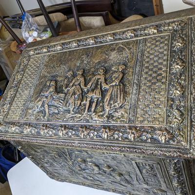 Vintage Embossed Brass Coal Box