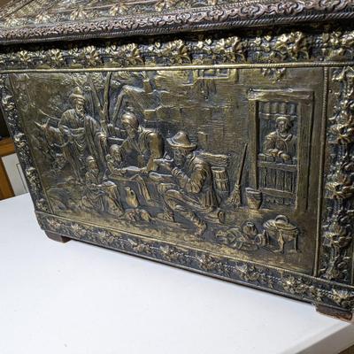 Vintage Embossed Brass Coal Box
