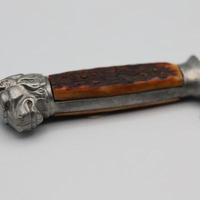 Vintage Bohlin Solingen Germany Lion Head Etched Stag Fixed Blade Hunting Knife