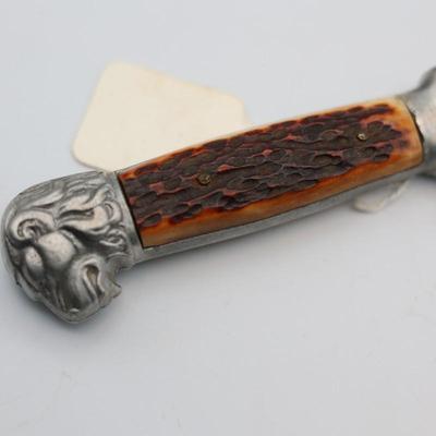Vintage Bohlin Solingen Germany Lion Head Etched Stag Fixed Blade Hunting Knife