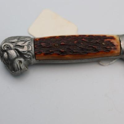 Vintage Bohlin Solingen Germany Lion Head Etched Stag Fixed Blade Hunting Knife