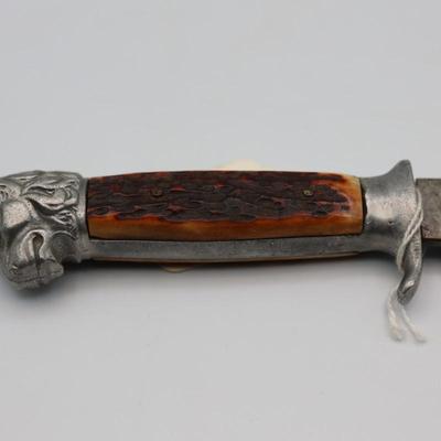 Vintage Bohlin Solingen Germany Lion Head Etched Stag Fixed Blade Hunting Knife