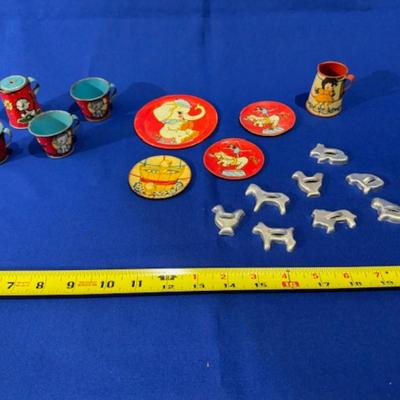Vintage children's dishes, circus, cookie cutters and more.