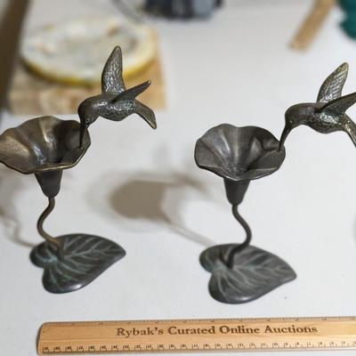 2, 1980 Brass Hummingbird and Flower Sculpture/Candleholder