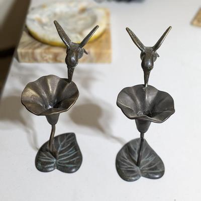 2, 1980 Brass Hummingbird and Flower Sculpture/Candleholder