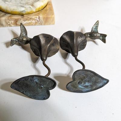 2, 1980 Brass Hummingbird and Flower Sculpture/Candleholder