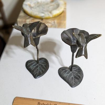 2, 1980 Brass Hummingbird and Flower Sculpture/Candleholder