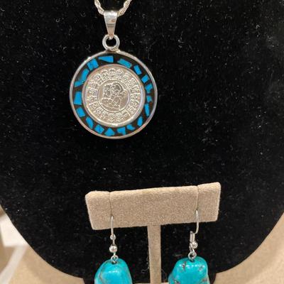 Sterling chain and Aztec pendant with onyx, raw turquoise earrings