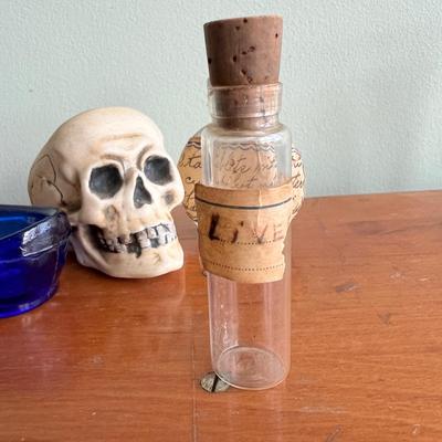 Antique Medical Glass Lot + Ernst Bohne Sohne Skull Matchstick Holder