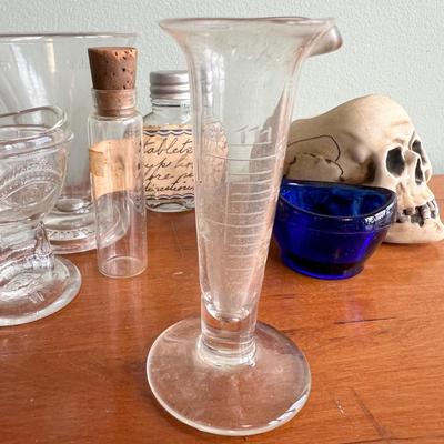 Antique Medical Glass Lot + Ernst Bohne Sohne Skull Matchstick Holder
