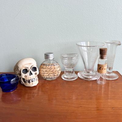 Antique Medical Glass Lot + Ernst Bohne Sohne Skull Matchstick Holder
