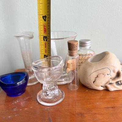 Antique Medical Glass Lot + Ernst Bohne Sohne Skull Matchstick Holder