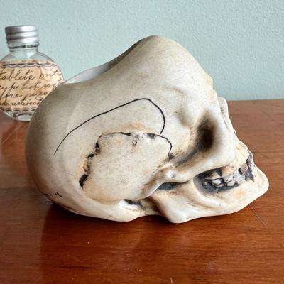 Antique Medical Glass Lot + Ernst Bohne Sohne Skull Matchstick Holder