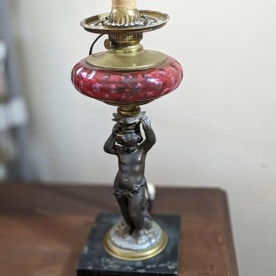 Antique Victorian Copper Oil>Electric Table Lamp
