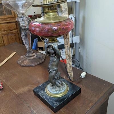 Antique Victorian Copper Oil>Electric Table Lamp