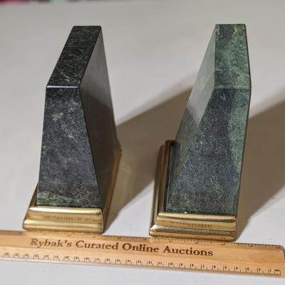 VINTAGE HEAVY GREEN MARBLE AND BRASS BOOKENDS