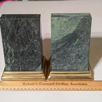 VINTAGE HEAVY GREEN MARBLE AND BRASS BOOKENDS