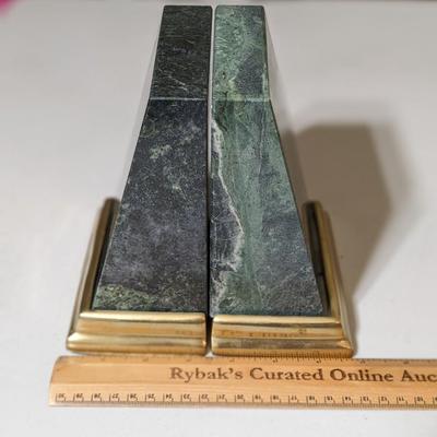 VINTAGE HEAVY GREEN MARBLE AND BRASS BOOKENDS