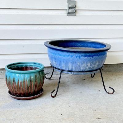 Pair (2) ~ Decorative Glazed Terracotta Pots
