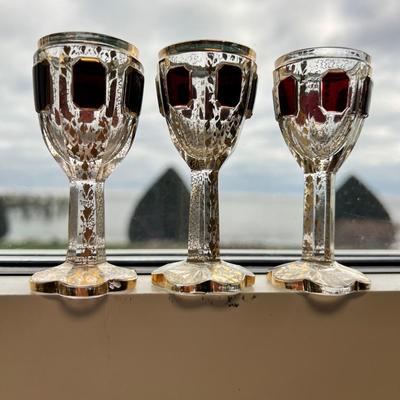 3 Antique Moser ? Bohemian Art Glass Ruby Cabochon Goblets