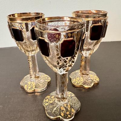 3 Antique Moser ? Bohemian Art Glass Ruby Cabochon Goblets