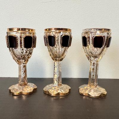 3 Antique Moser ? Bohemian Art Glass Ruby Cabochon Goblets