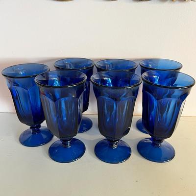 7 Vintage Cobalt Blue Footed Panel Glasses