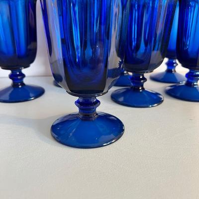 7 Vintage Cobalt Blue Footed Panel Glasses