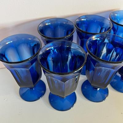 7 Vintage Cobalt Blue Footed Panel Glasses
