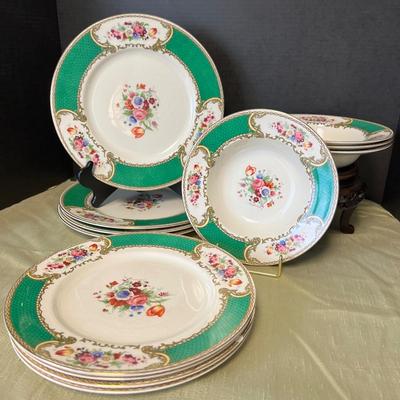 Lot of 12 Antique Myott Staffordshire "The Bouquet Green" Dinnerware