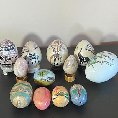 Large Lot Eggs - Antique Milk Glass, Cloisonne, Etched & Polished Stone