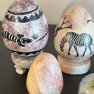 Large Lot Eggs - Antique Milk Glass, Cloisonne, Etched & Polished Stone